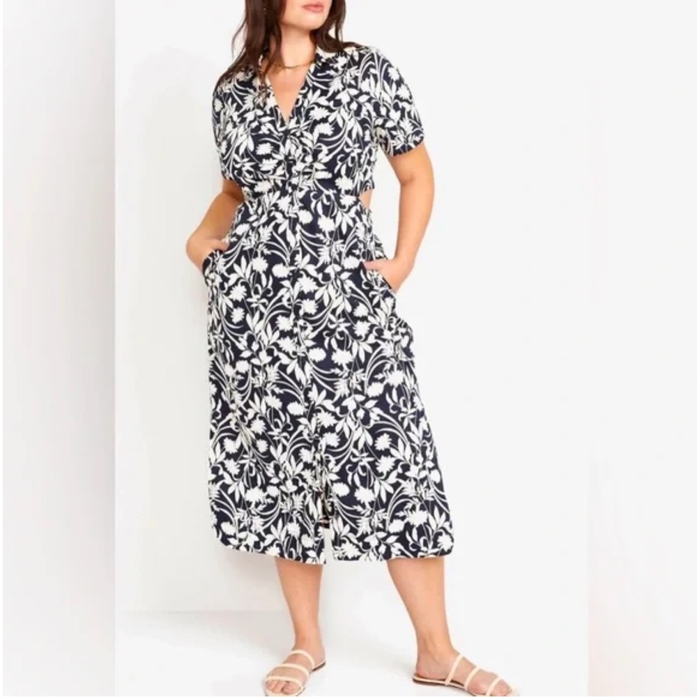 Navy and White Midi Dress w Side Cut Outs